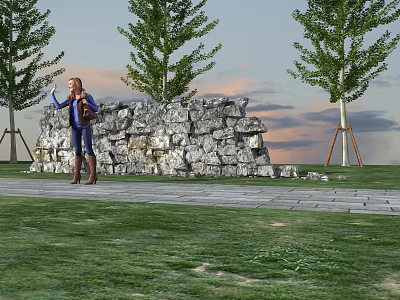 Natural Stone Building Exterior Wall With Irregular Blocks Trees And Green Grass Around 3d model