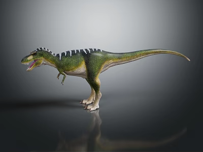 Detailed Green Dinosaur 3D Model With Spiked Back Standing On Gray Background With Reflection 3d model