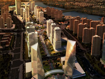 Aerial View of Modern Urban Landscape With Skyscrapers River Roads and Green Spaces 3d model