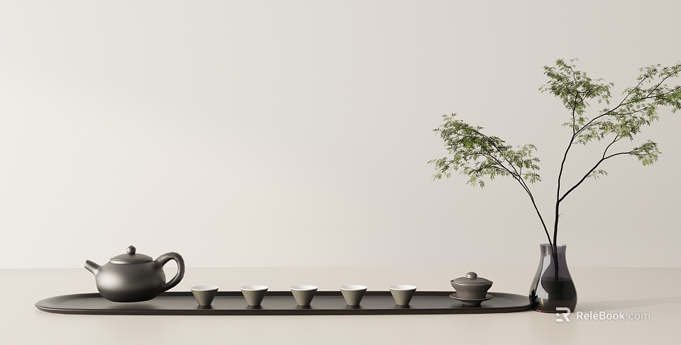 Minimalist Tea Set with Teapot Cups on Wooden Tray and Green Plant 3d model 