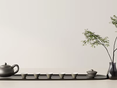 Minimalist Tea Set with Teapot Cups on Wooden Tray and Green Plant 3d model