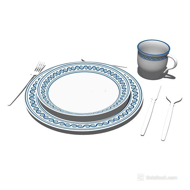 Elegant Blue Patterned Dinnerware Set with Plates Cups Forks Knives and Spoons 3d model