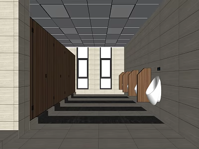 Public Restroom Interior With Stalls Urinals Windows Ceiling And Tile Flooring 3d model