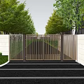 Modern Entrance Gate With Vertical Slat Design Surrounded by Green Trees and White Walls