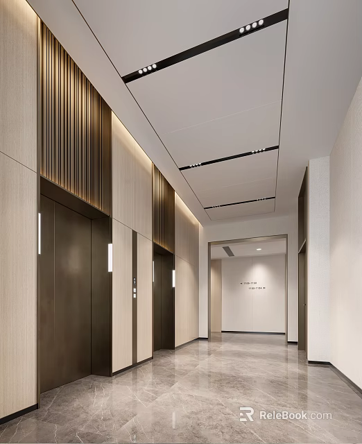 Modern Elevator Corridor Interior Design With Wooden Slats Recessed Lighting And Spacious Layout 3d model 