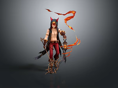 Horned Fantasy Creature Character With Flame Ribbons Holding Lantern Staff And Red Pants 3d model
