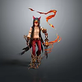 Horned Fantasy Creature Character With Flame Ribbons Holding Lantern Staff And Red Pants