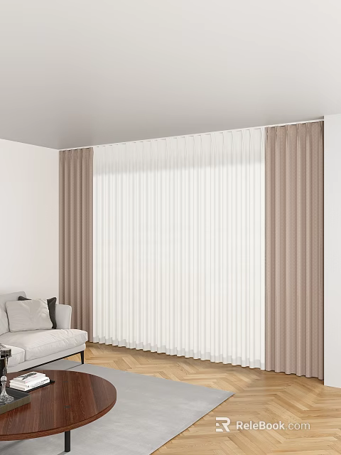 Sheer White And Brown Panel Curtains For Modern Living Room Window 3d model 