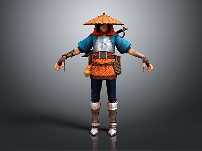 Traditional Warrior Character In Blue Top With Conical Hat Orange Belt And Sword Pouches 3d model