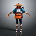 Traditional Warrior Character In Blue Top With Conical Hat Orange Belt And Sword Pouches