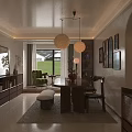 Warm Mid Century Living And Dining Room Interior With Wooden Furniture And Art Wall Decor