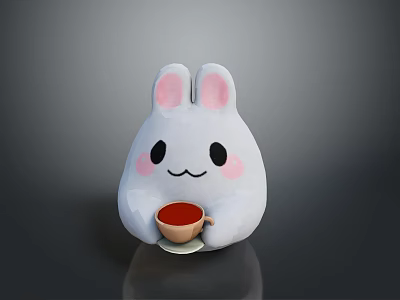 White Rabbit Plush Toy With Pink Ears Smiling Face Holding Cup And Saucer 3d model