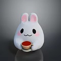 White Rabbit Plush Toy With Pink Ears Smiling Face Holding Cup And Saucer