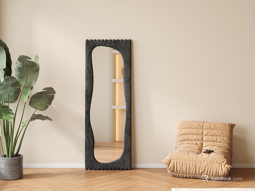 Full Length Irregular Black Mirror In Minimalist Interior With Plant And Bean Bag 3d model 