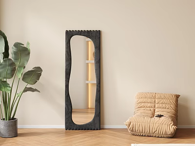 Full Length Irregular Black Mirror In Minimalist Interior With Plant And Bean Bag 3d model