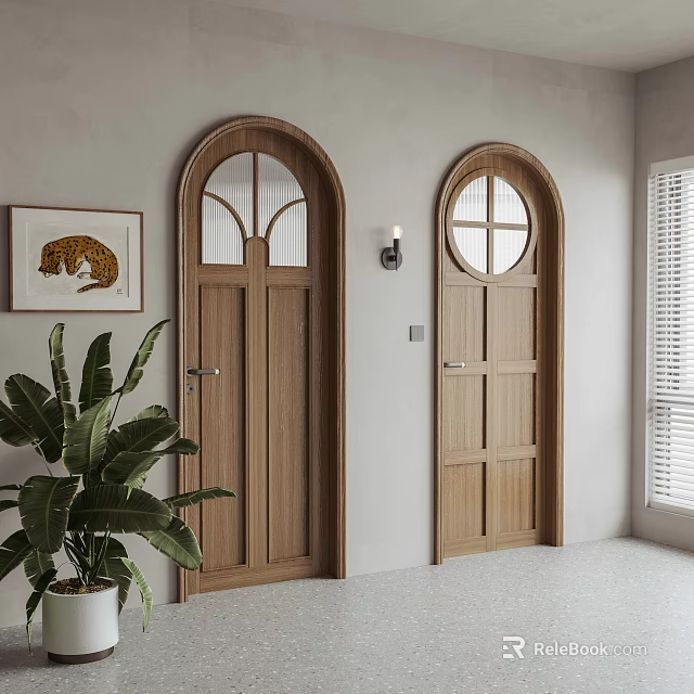 Wooden Hinged Doors with Arched Top and Glass Panes in Modern Interior with Wall Lamp 3d model 