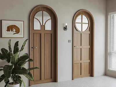 Wooden Hinged Doors with Arched Top and Glass Panes in Modern Interior with Wall Lamp 3d model