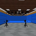 Professional Studio Interior With Blue Backdrop Wooden Walls Ceiling And Camera Tripods