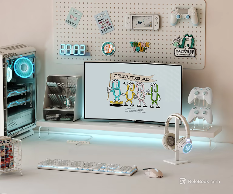 Modern Entertainment Room With Gaming Setup Computer Keyboard Headphones Game Controllers And Pegboard Decor 3d model 