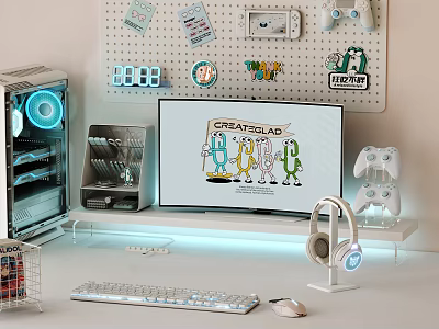 Modern Entertainment Room With Gaming Setup Computer Keyboard Headphones Game Controllers And Pegboard Decor 3d model