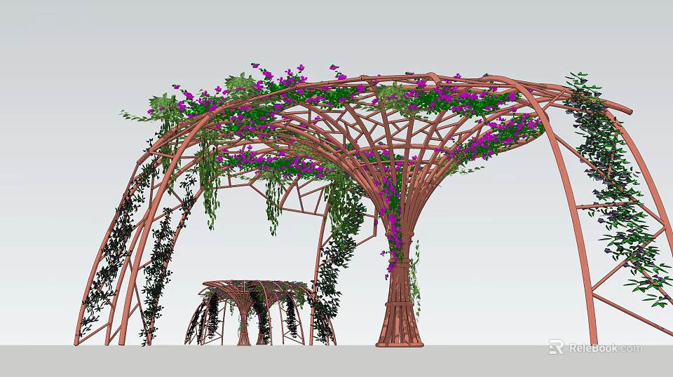 Wooden Pergola Adorned With Lush Green Vines And Purple Flowers 3d model 
