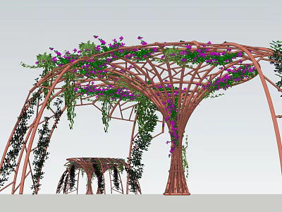 Wooden Pergola Adorned With Lush Green Vines And Purple Flowers 3d model