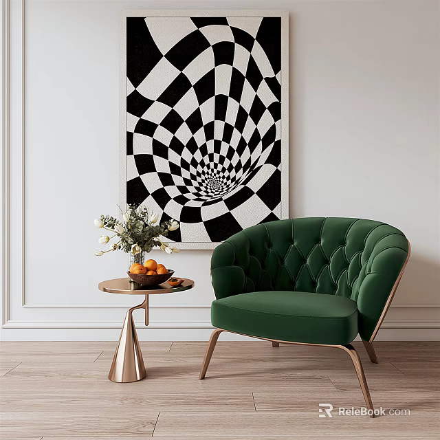 Elegant Green Velvet Tufted Single Sofa With Metal Legs Side Table And Flower Vase 3d model 