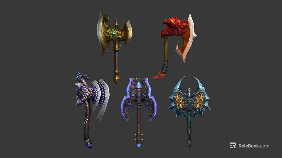 Fantasy Weapon Collection Featuring Ornate Axes Hammers And Mythical Designs 3d model