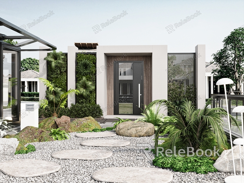 Courtyard Garden Sunshine Glass House Courtyard Gate Plant Wall Green Plant Pile Landscaping Sketch Goose Soft Stone model