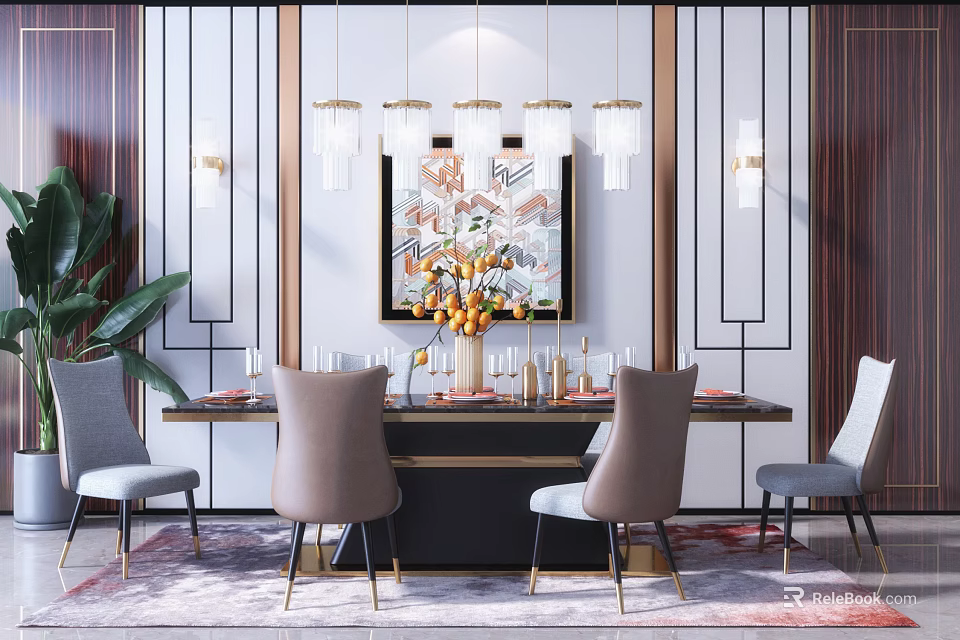 Elegant Modern Dining Table Set With Chairs Pendant Lights Artwork And Flower Vase 3d model 