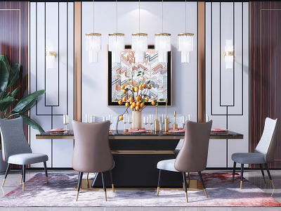 Elegant Modern Dining Table Set With Chairs Pendant Lights Artwork And Flower Vase 3d model