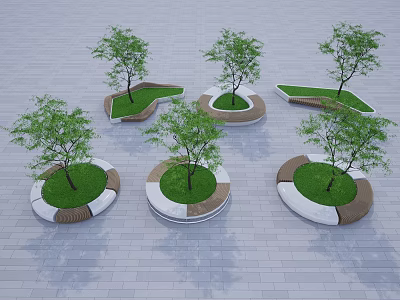 Modern Circular Tree Planters With Seating And Green Trees On Paved Ground 3d model