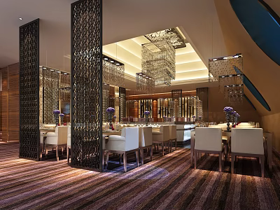 Elegant Banquet Hall Interior With Crystal Chandeliers Decorative Screens And Dining Tables 3d model