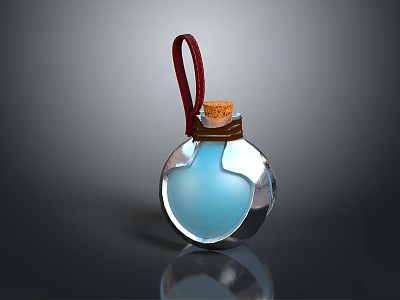 Transparent Glass Decorative Bottle Featuring Blue Liquid Cork Stopper And Red Hanging Cord 3d model