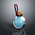 Transparent Glass Decorative Bottle Featuring Blue Liquid Cork Stopper And Red Hanging Cord