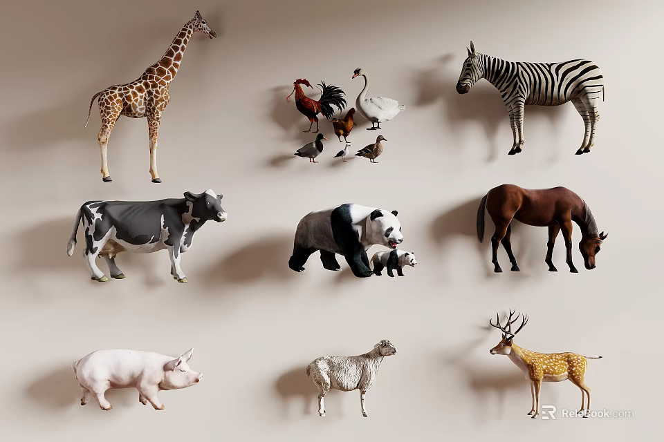 Cute Stuffed Animal Figurines Collection With Giraffe Zebra Panda Cow And More 3d model 