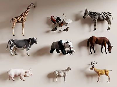 Cute Stuffed Animal Figurines Collection With Giraffe Zebra Panda Cow And More 3d model