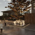 Modern Garden Landscape With Illuminated Stone Wall Archway Tree Pathway And Building