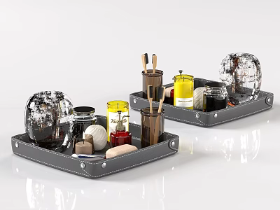 Stylish Black Trays With Decorative Vases Jars Bottles Cups And Brushes 3d model