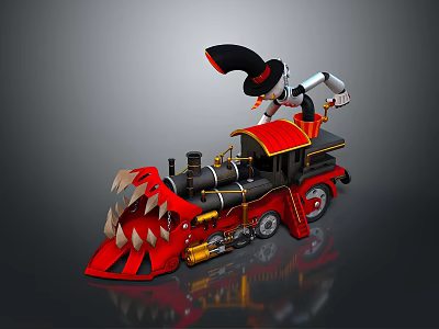 Red Steam Train Shark Tooth Design With Robot Black Top Hat On Top Gold Accents 3d model Red Steam Train Shark Tooth Design With Robot Black Top Hat On Top Gold Accents 3d model