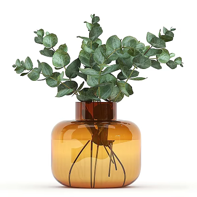 Amber Glass Vase With Fresh Green Eucalyptus Leaves And Long Stems 3d model