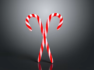 Crossed Red And White Striped Candy Canes Against Dark Background With Shiny Reflection 3d model