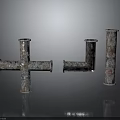 Rusty Metal Pipe Fittings Tee Elbow and Straight Pipe on Dark Reflective Surface