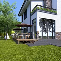 Detached Villa With White Exterior Stone Chimney Large Windows Lush Lawn And Outdoor Deck
