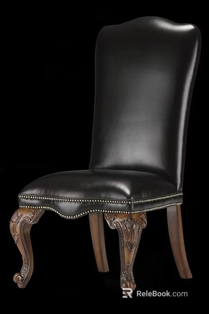 Elegant Classic Dining Chair With Black Leather Upholstery Rivet Detailing And Wooden Carved Legs 3d model 