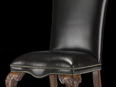 Elegant Classic Dining Chair With Black Leather Upholstery Rivet Detailing And Wooden Carved Legs 3d model