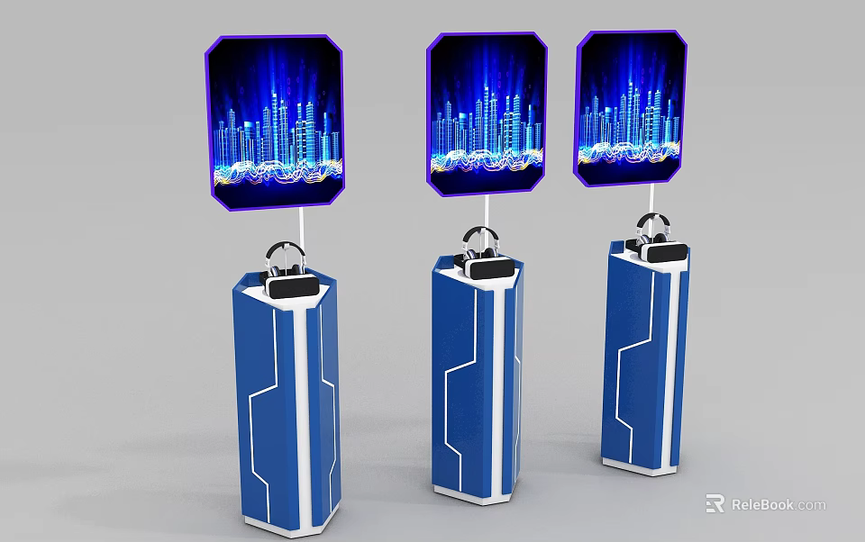 Three Blue Columnar Display Units With Top Screens Showing Blue Waveform Visuals 3d model 