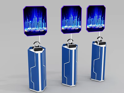Three Blue Columnar Display Units With Top Screens Showing Blue Waveform Visuals 3d model