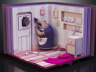 Cartoon Bear Cleaning Room with Open Door Shelf Plates Scattered Items and Pink Cloth 3d model