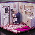 Cartoon Bear Cleaning Room with Open Door Shelf Plates Scattered Items and Pink Cloth